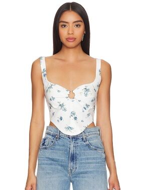 Bardot White Floral Keyhole Corset Cami with Blue Blossoms